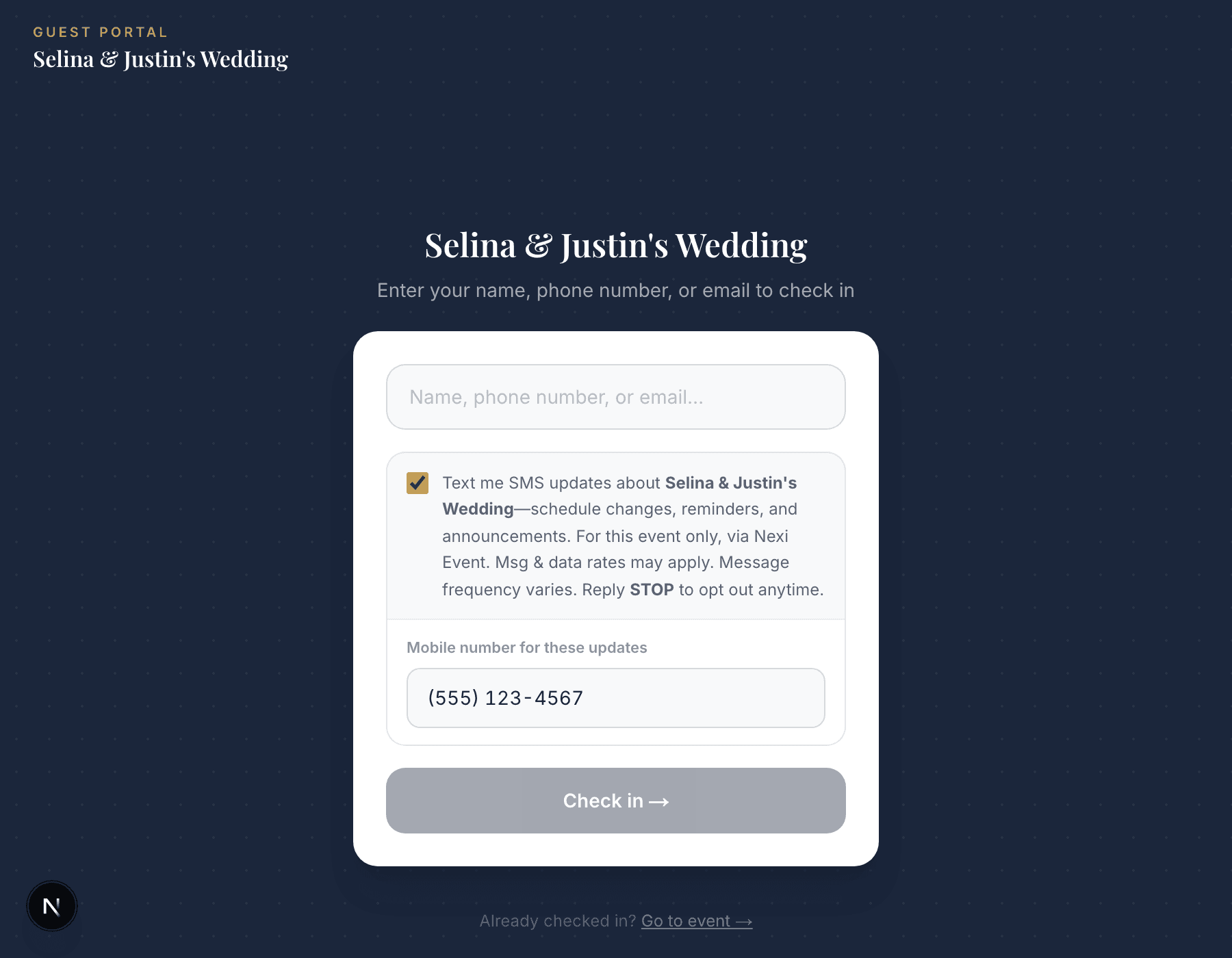 Live screenshot of the Nexi Event check-in page after checking the SMS opt-in checkbox, showing the revealed mobile number field filled in with an example number