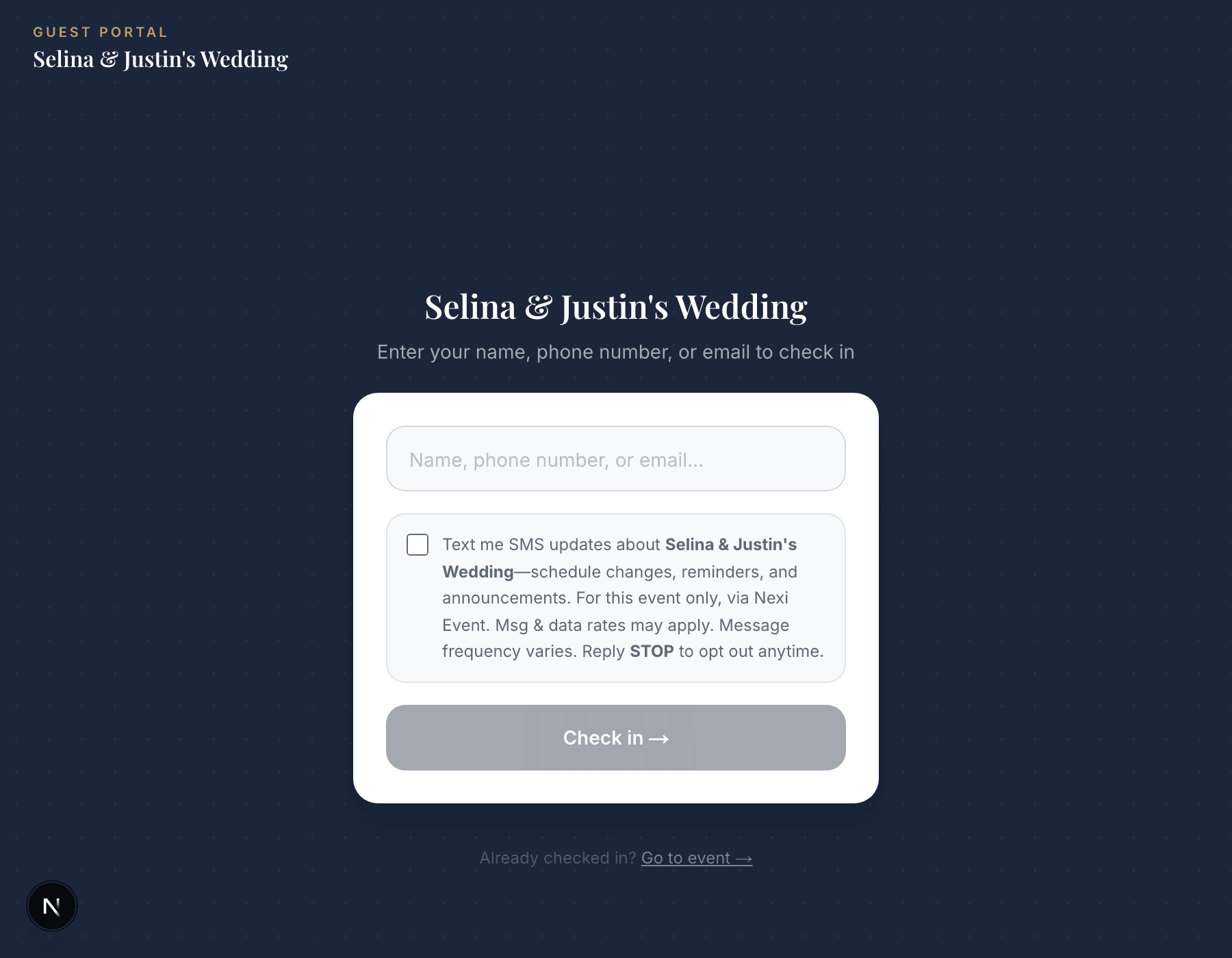 Live screenshot of the Nexi Event check-in page with the SMS opt-in checkbox unchecked, its default state